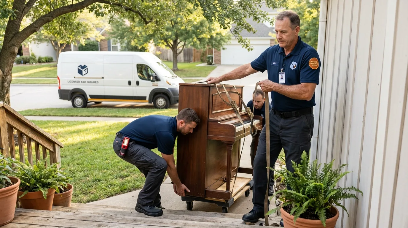 Licensed piano movers securing grand piano in Xenia, OH
