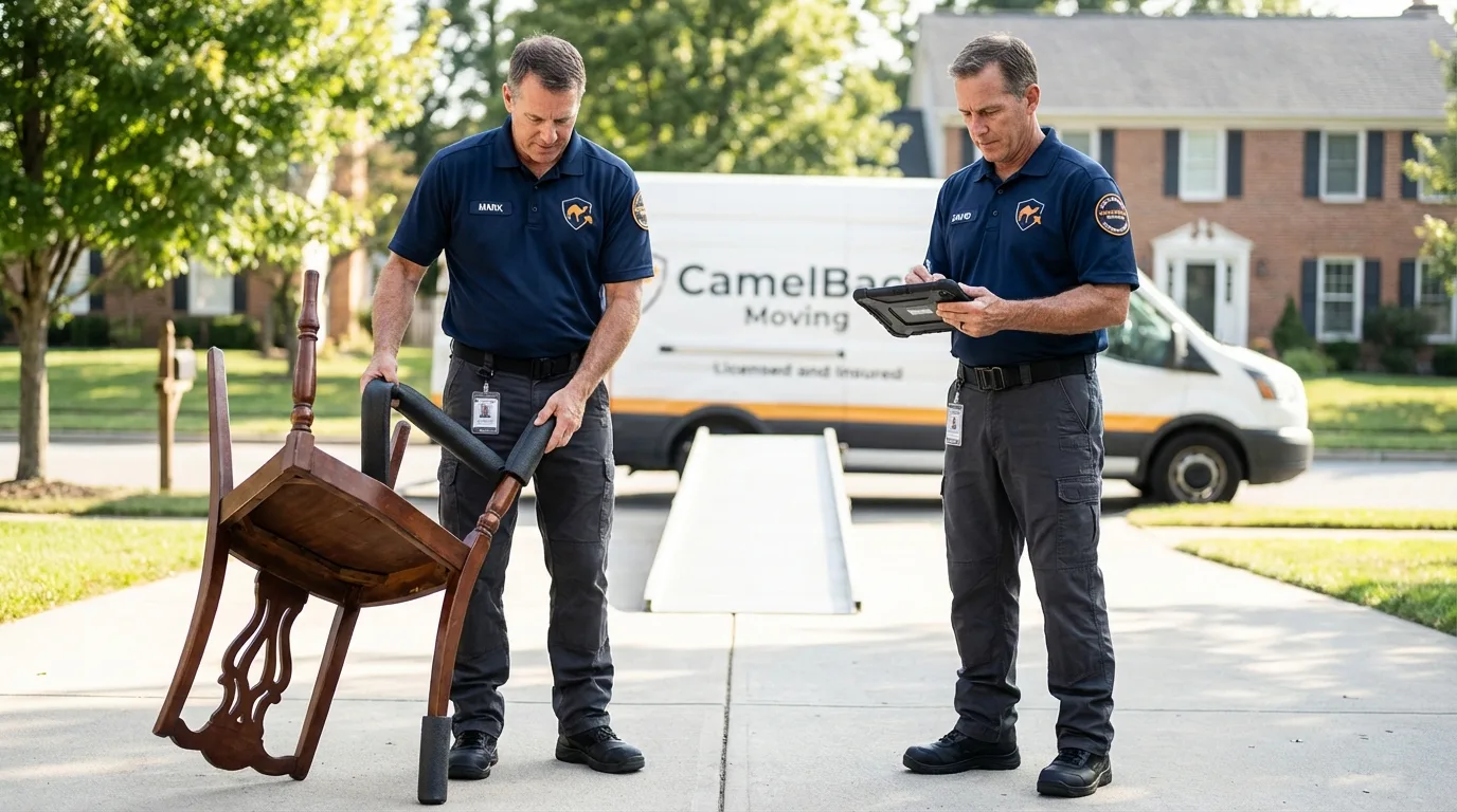 Movers inspecting furniture for damage prevention before loading in Xenia, OH