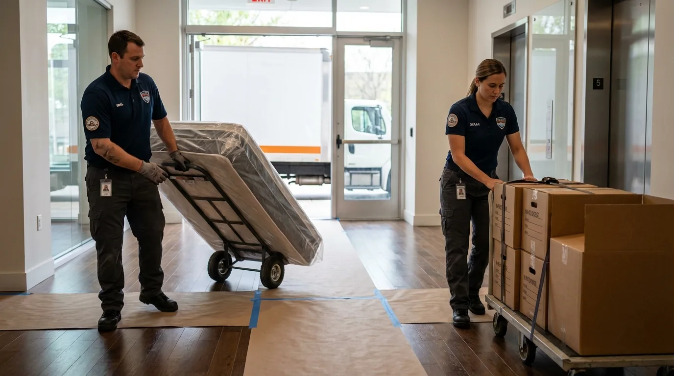 Professional apartment movers loading elevator in Xenia, OH